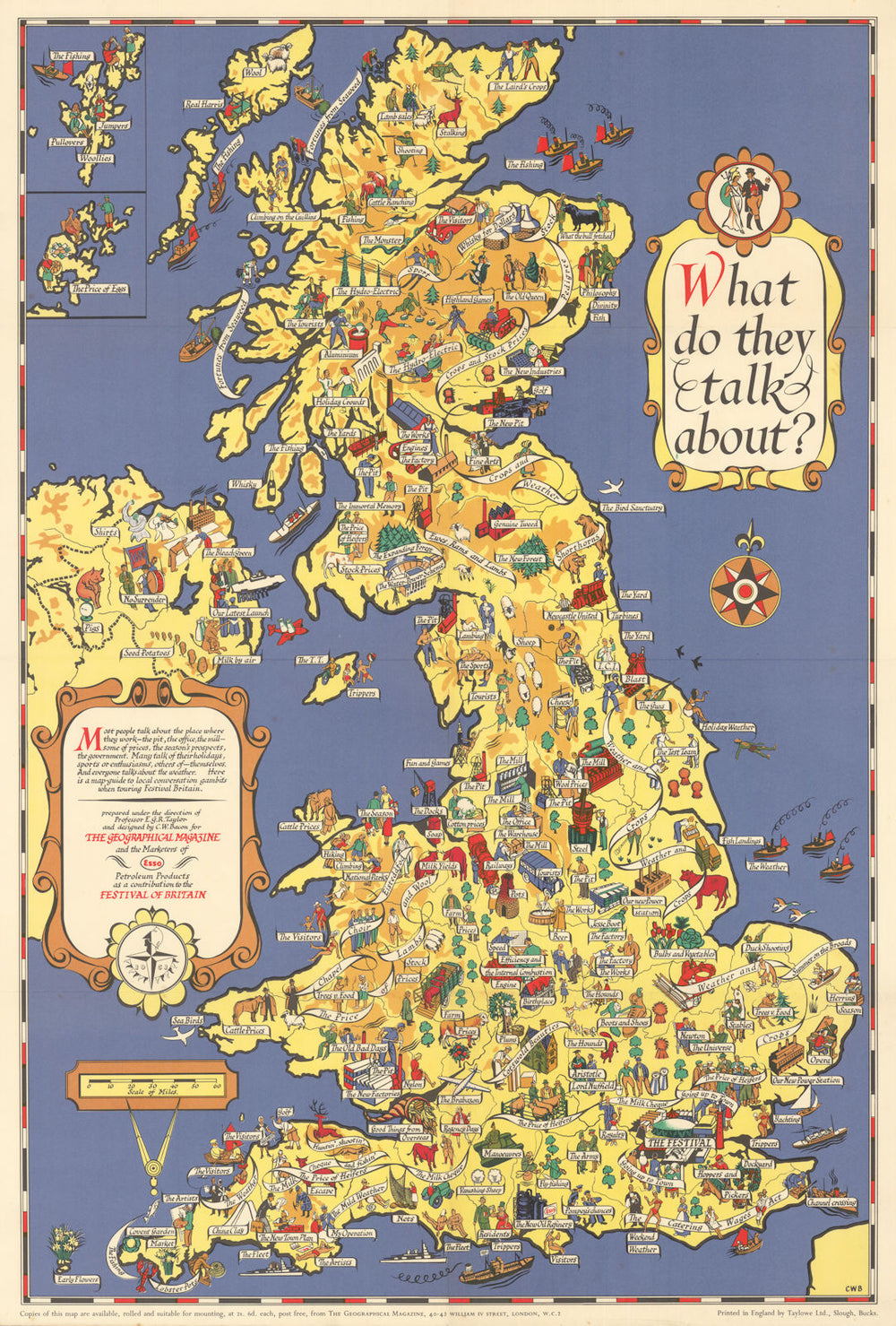What do they talk about? UK Festival of Britain Pictorial map by C.W. Bacon 1951