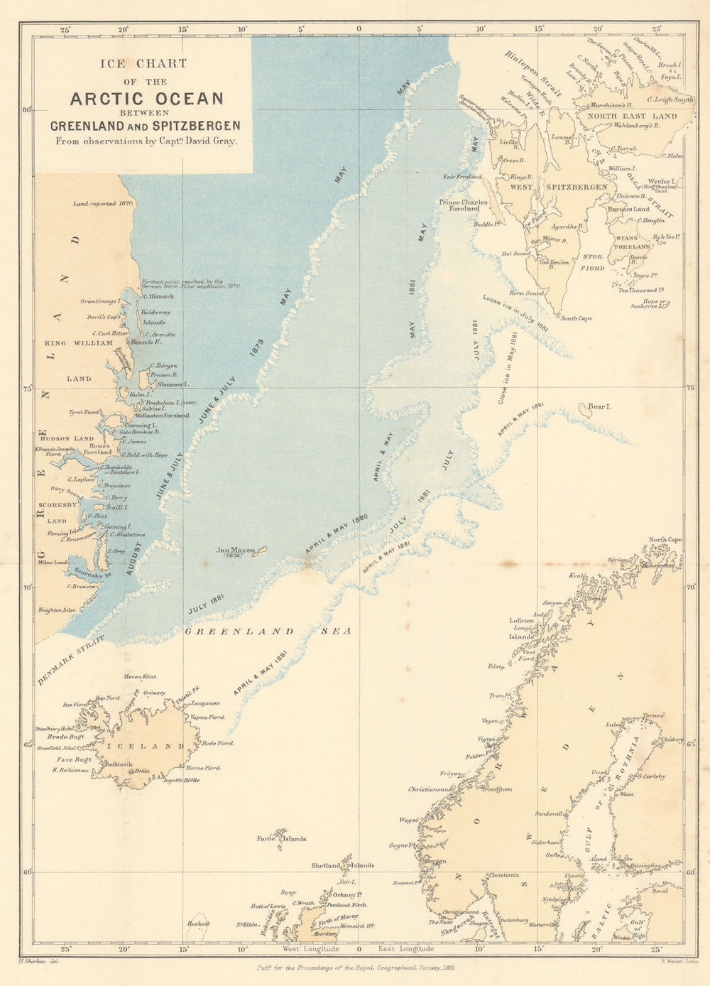 Ice chart of the Arctic Ocean between Greenland & Spitzbergen. RGS 1881 map