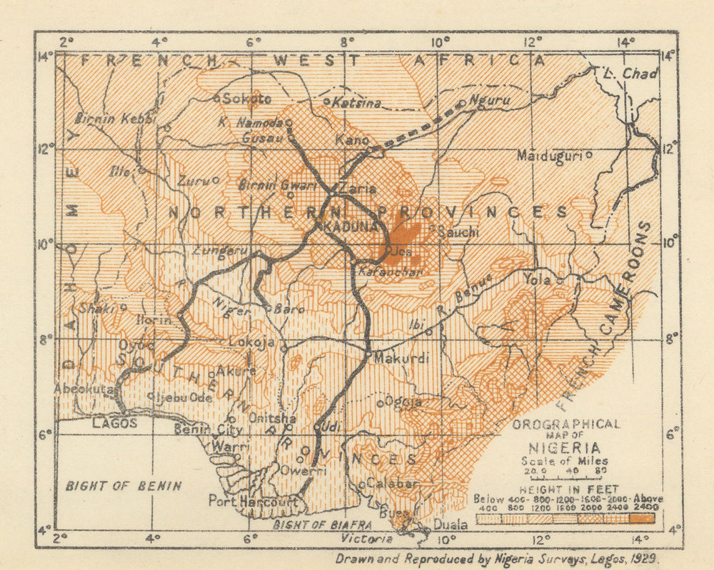 Orographical Map of Nigeria 1929 old vintage plan chart