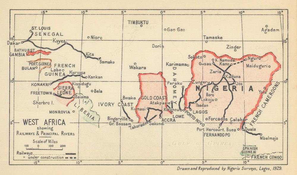 West Africa showing Railways & Principal Rivers 1929 old vintage map chart
