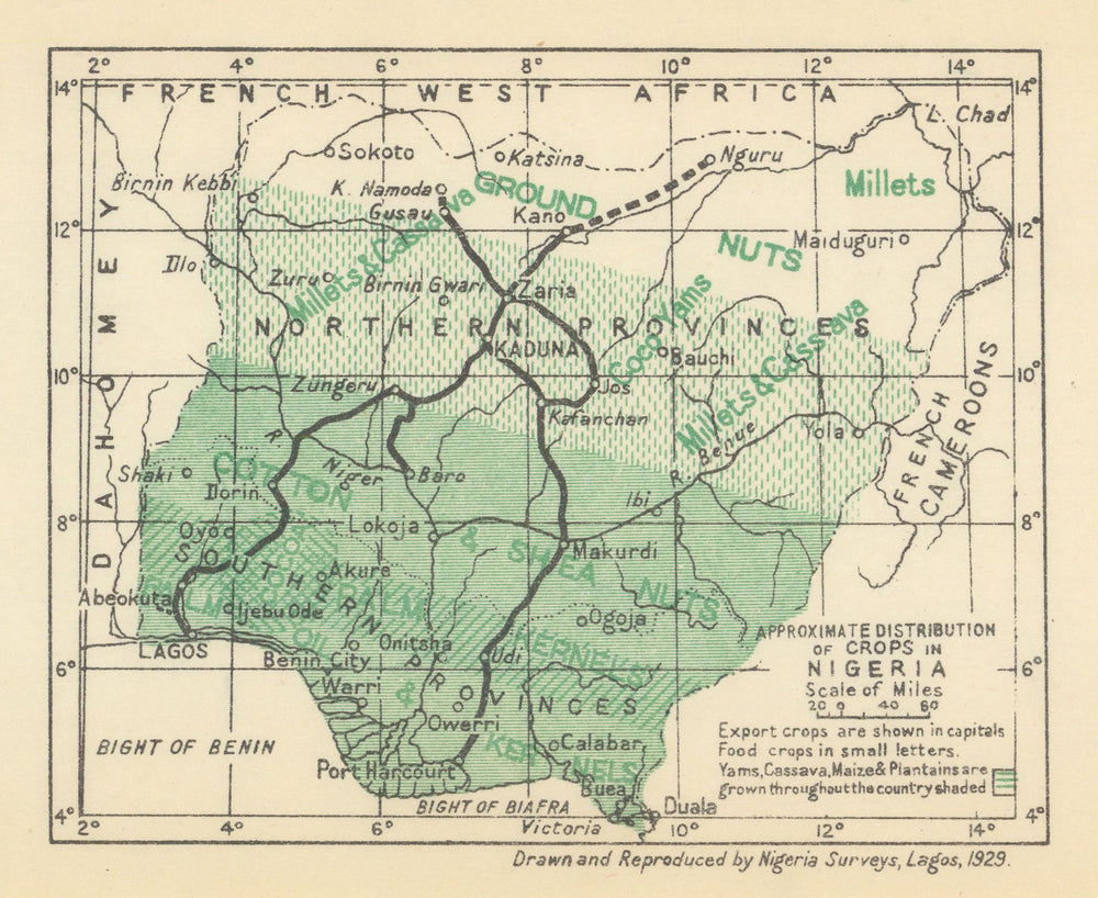 Approximate distribution of Crops in Nigeria 1929 old vintage map plan chart