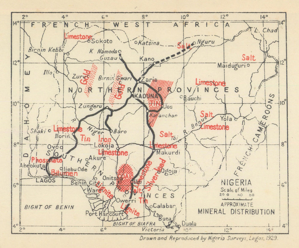 Nigeria Approximate Mineral Distribution 1929 old vintage map plan chart