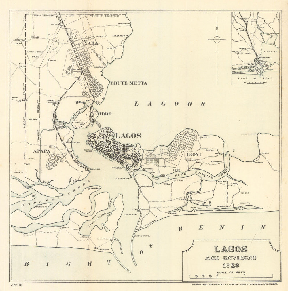 Lagos and Environs city plan 1929 old vintage map chart