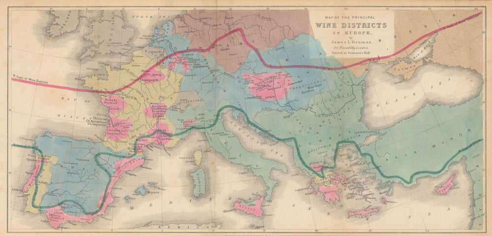 Map of the Principal Wine Districts of Europe by James Denman 1875 old