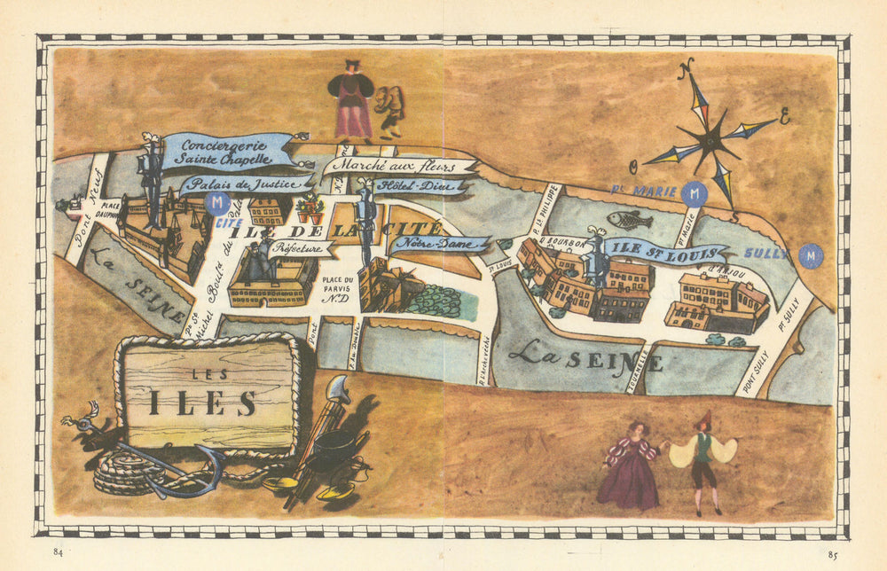 Les îles - Paris neighbourhood/quartier pictorial map 1948 old vintage