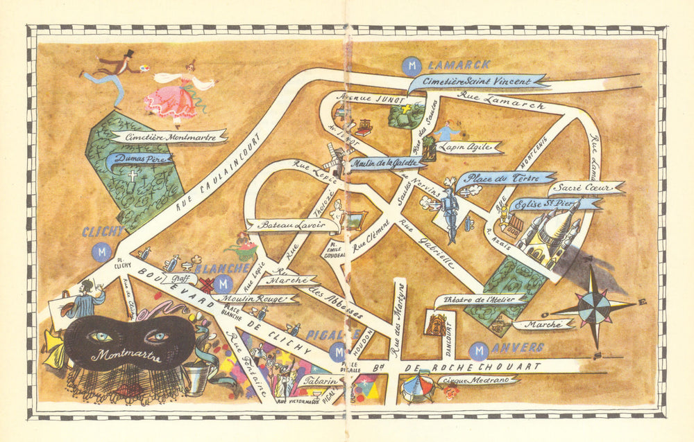 Montmartre - Paris neighbourhood/quartier pictorial map 1948 old vintage