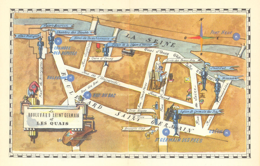 Boulevard St-Germain/les quais. Paris neighbourhood/quartier pictorial map 1948