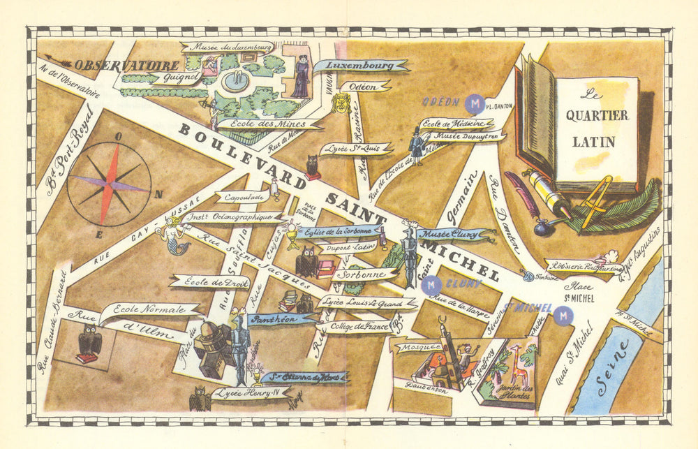 Le Quartier Latin - Paris neighbourhood/quartier pictorial map 1948 old