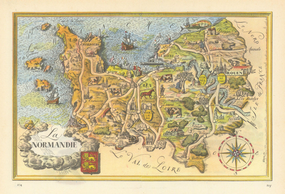 La Normandie region pictorial map by Laszlo Fircsa. Normandy 1948 old