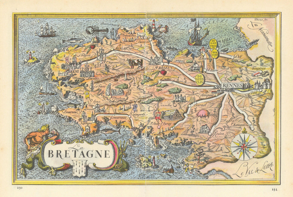 La Bretagne region pictorial map by Laszlo Fircsa. Brittany 1948 old