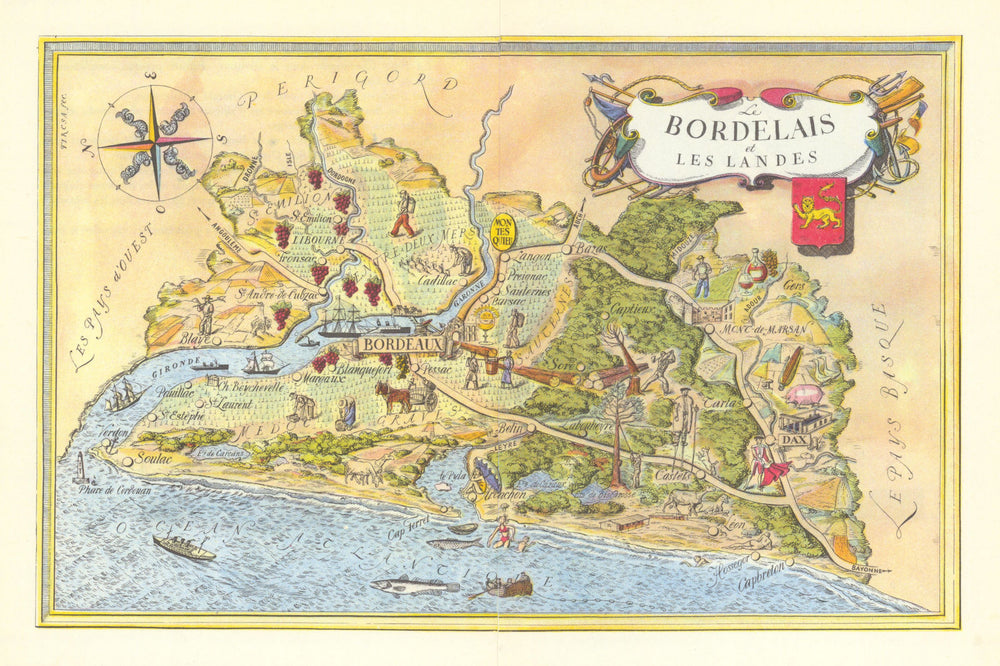 Le Bordelais & Landes pictorial wine region map. Bordeaux Gironde. FIRCSA 1948