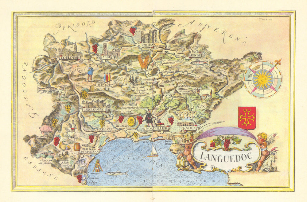 Languedoc pictorial wine region map by Laszlo Fircsa 1948 old vintage