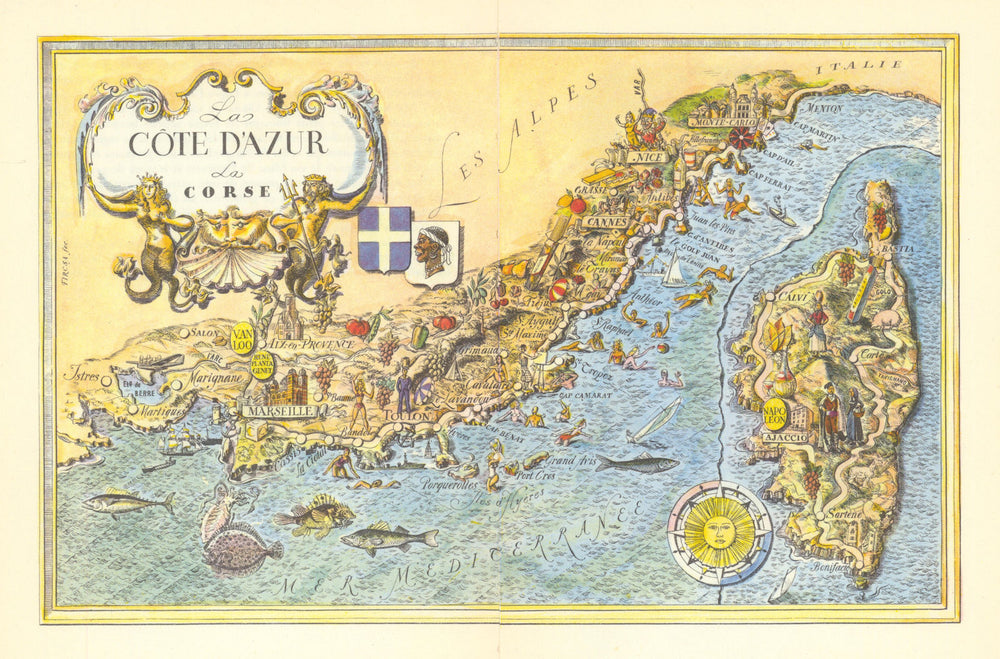 La Côte d’Azur & La Corse region pictorial map by Laszlo Fircsa 1948 old