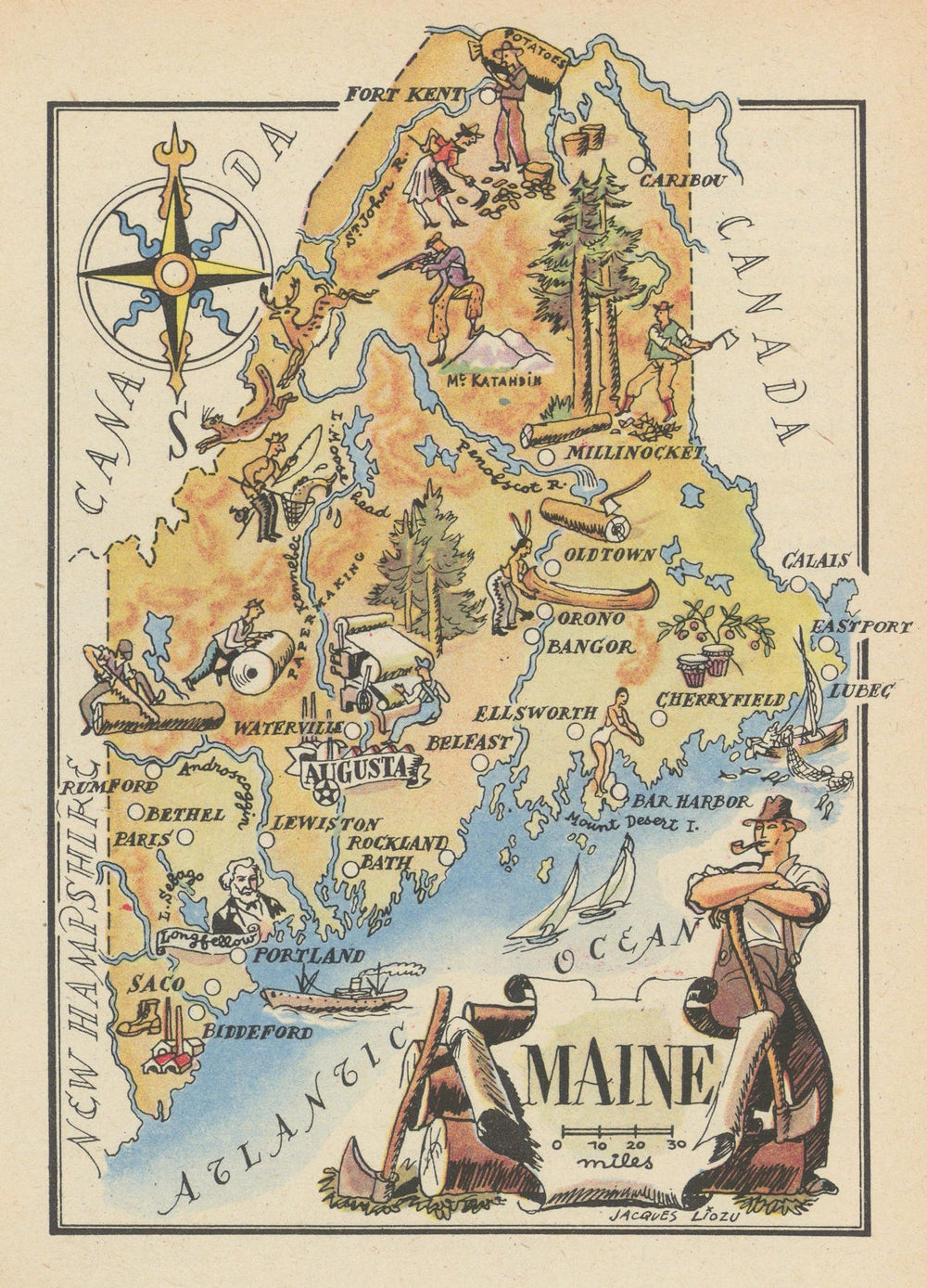 Maine small state map by Jacques Liozu 1946 old vintage plan chart