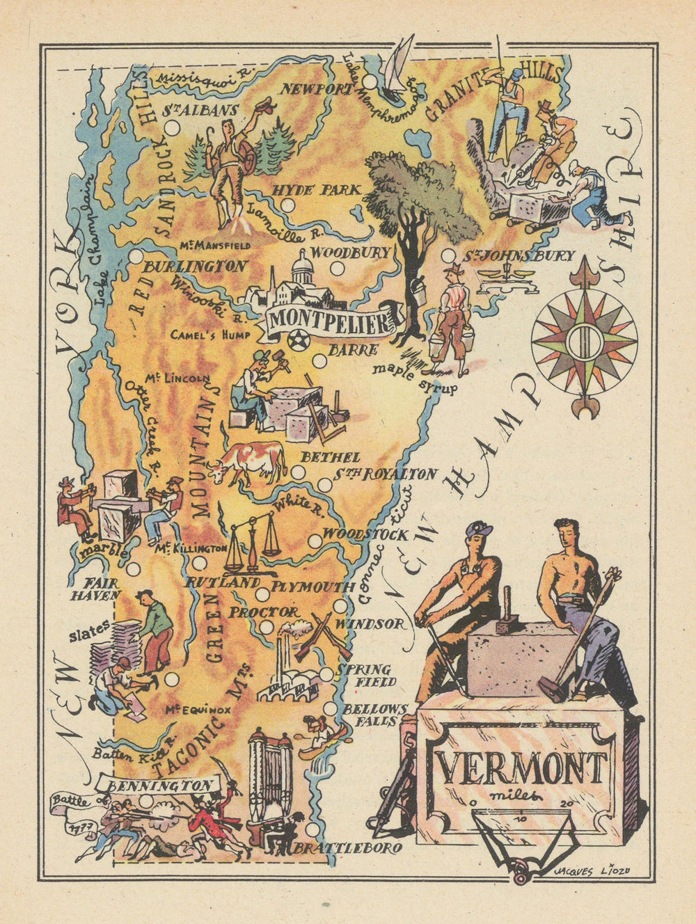 Vermont small state map by Jacques Liozu 1946 old vintage plan chart