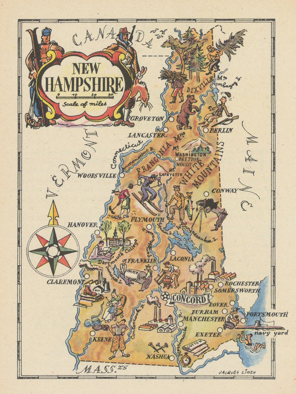 New Hampshire small state map by Jacques Liozu 1946 old vintage plan chart