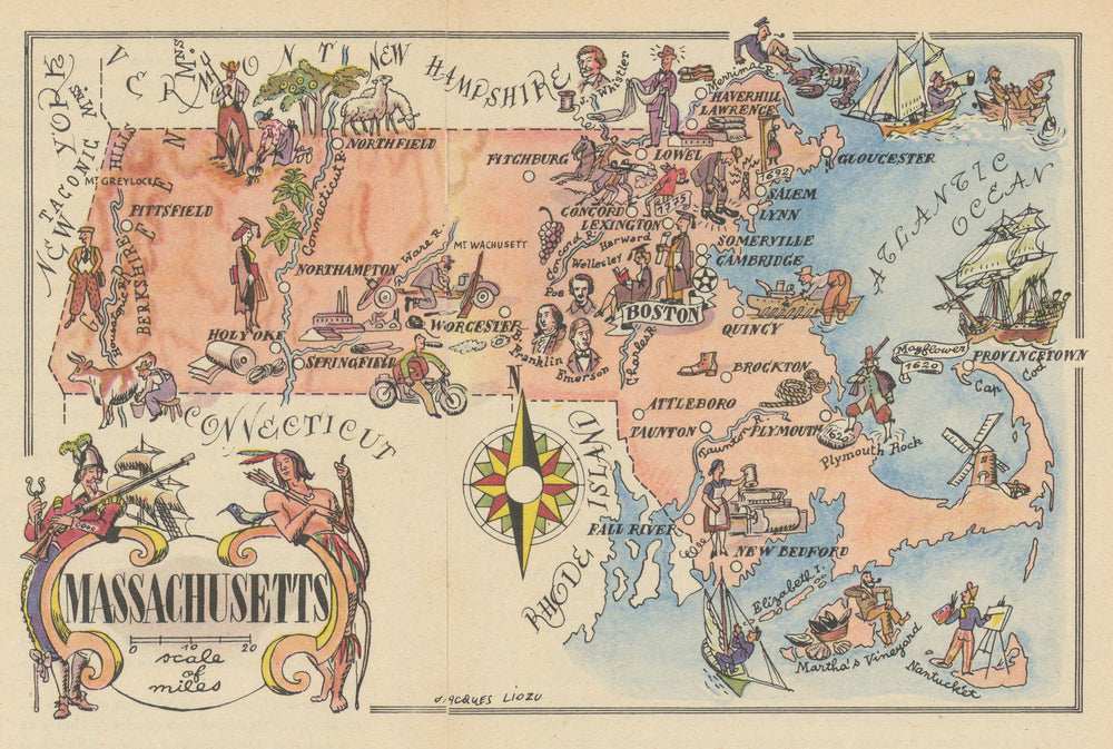 Massachusetts small state map by Jacques Liozu 1946 old vintage plan chart