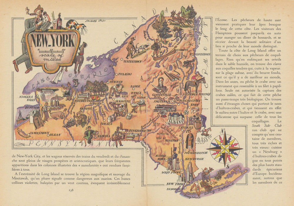 New York small state map by Jacques Liozu 1946 old vintage plan chart