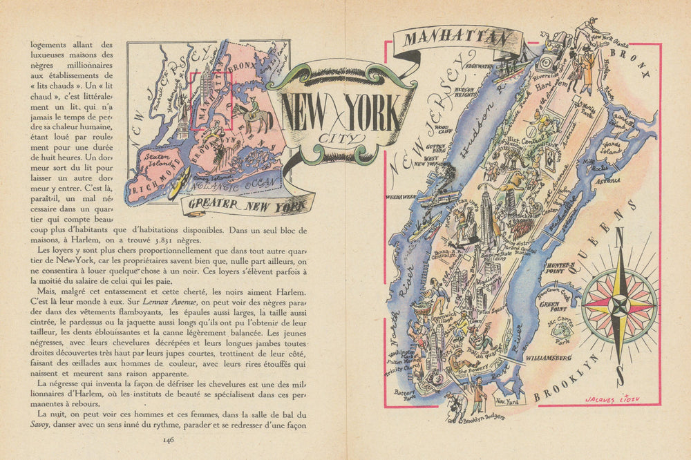 New York / Manhattan small city plan by Jacques Liozu 1946 old vintage map