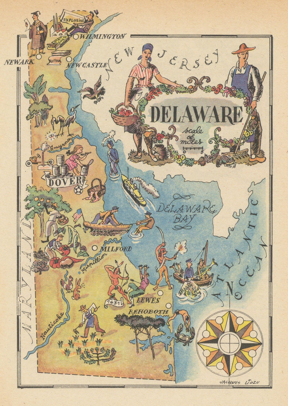 Delaware small state map by Jacques Liozu 1946 old vintage plan chart