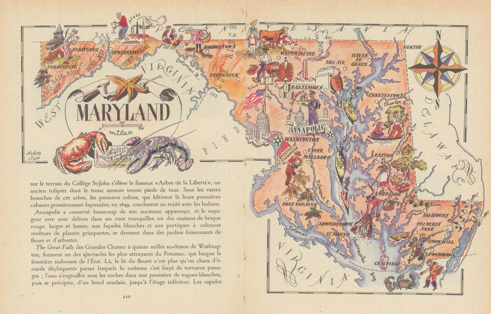 Maryland small state map by Jacques Liozu 1946 old vintage plan chart