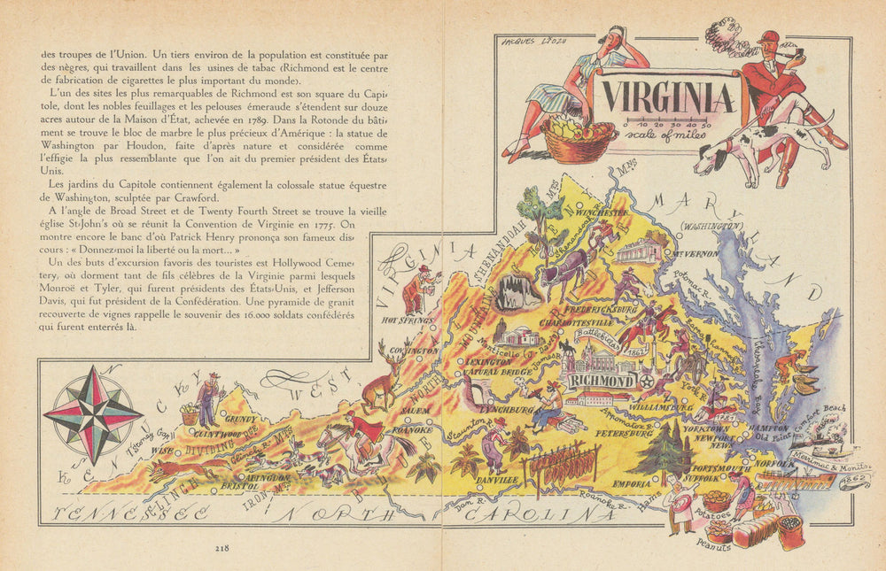 Virginia small state map by Jacques Liozu 1946 old vintage plan chart