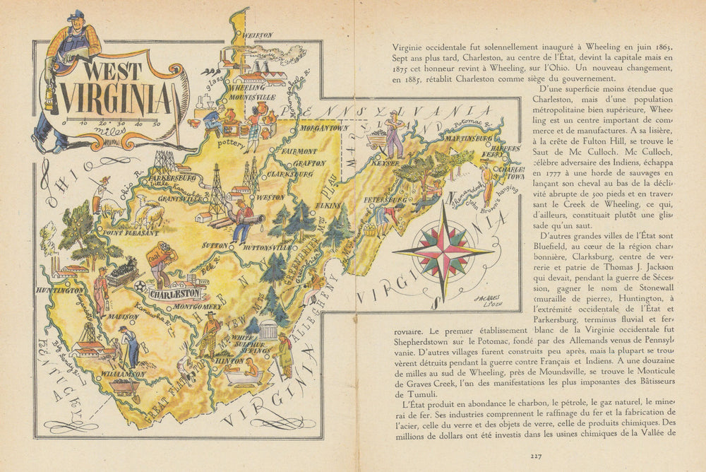 West Virginia small state map by Jacques Liozu 1946 old vintage plan chart