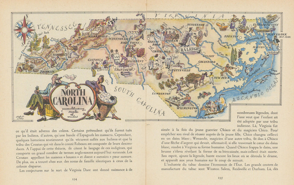 North Carolina small state map by Jacques Liozu 1946 old vintage chart
