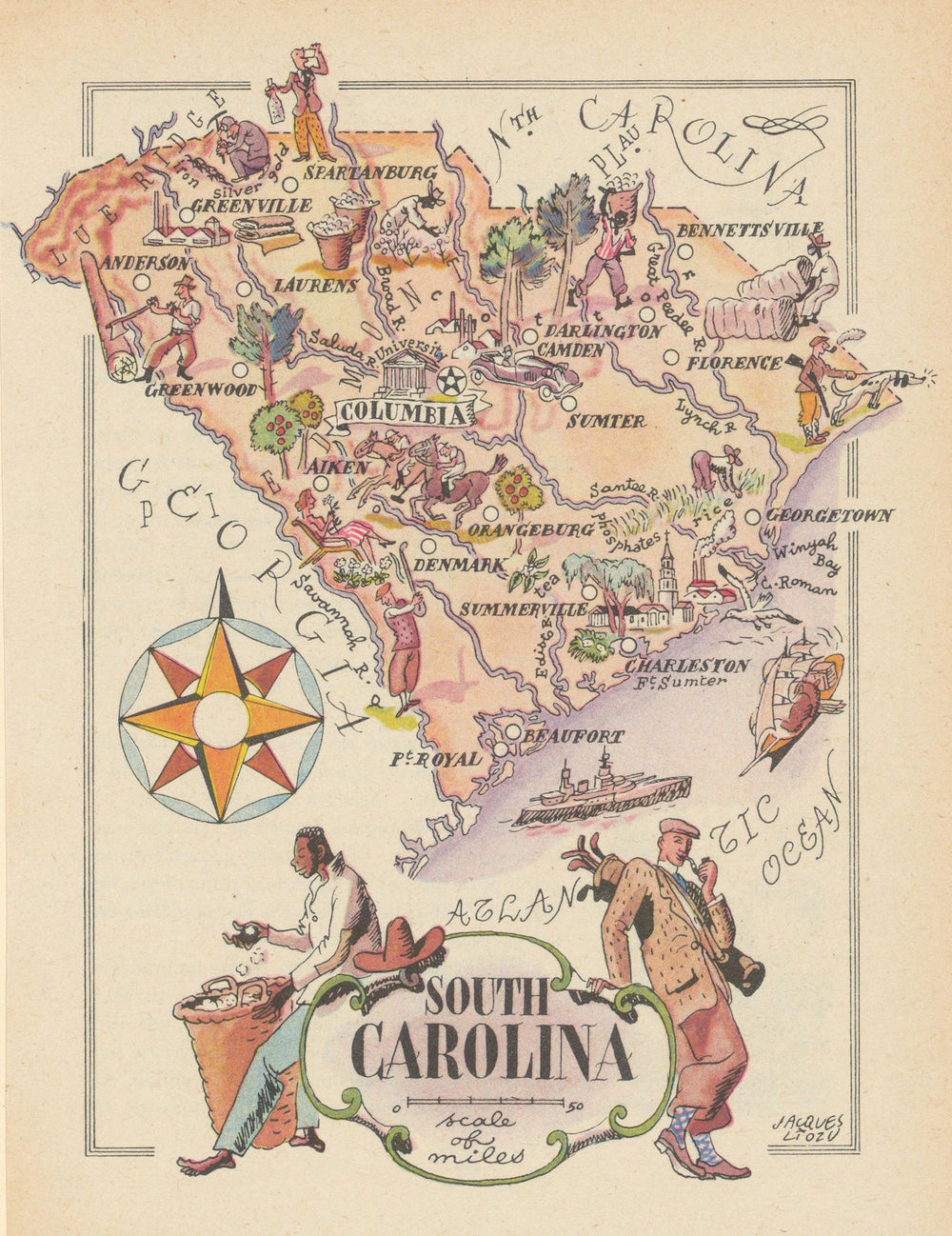 South Carolina small state map by Jacques Liozu 1946 old vintage chart