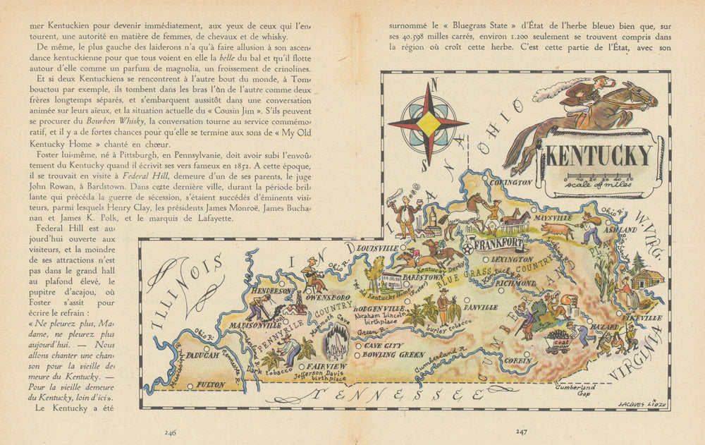 Kentucky small state map by Jacques Liozu 1946 old vintage plan chart