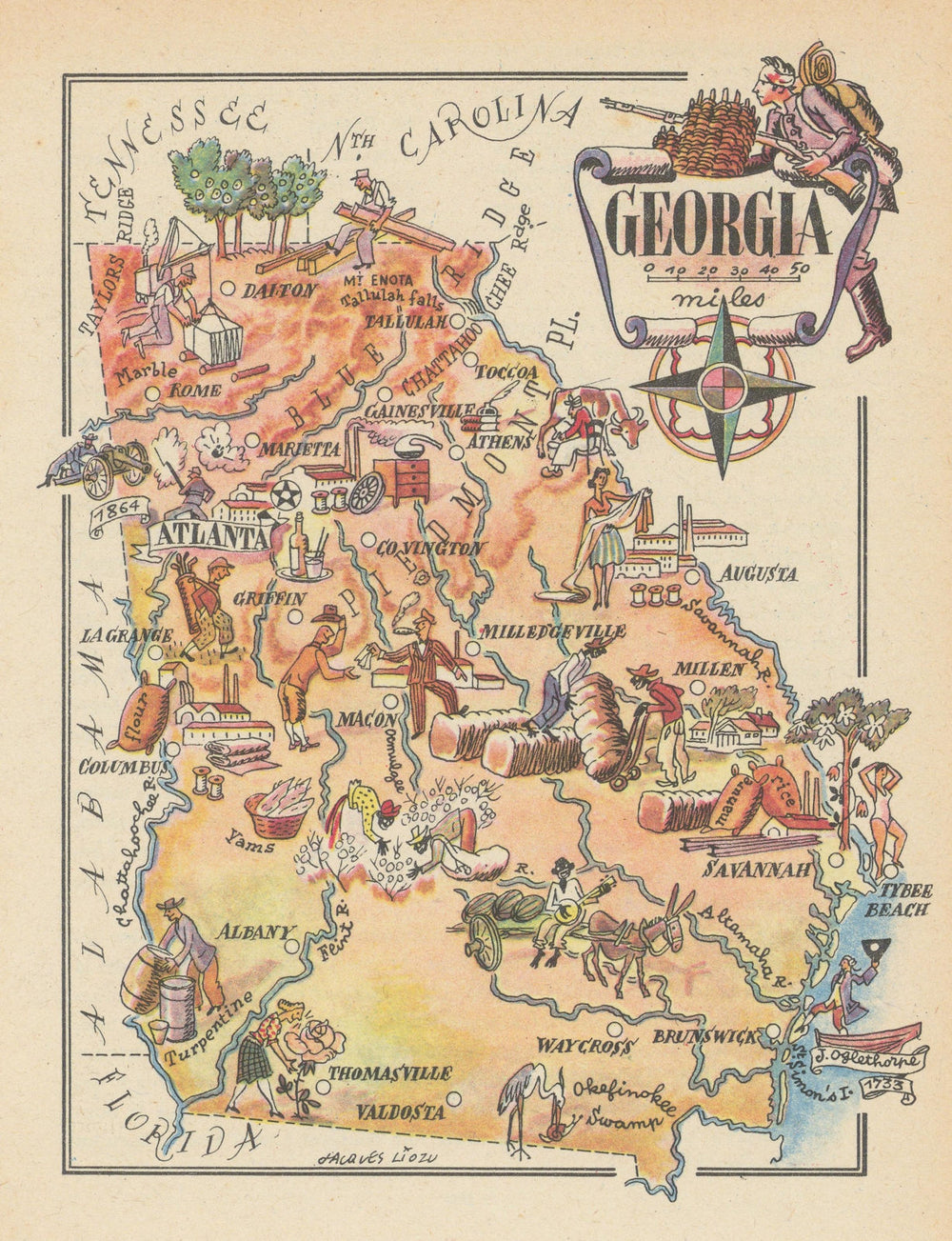 Georgia small state map by Jacques Liozu 1946 old vintage plan chart