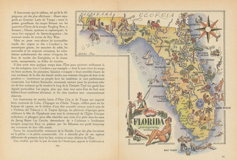 Florida small state map by Jacques Liozu 1946 old vintage plan chart