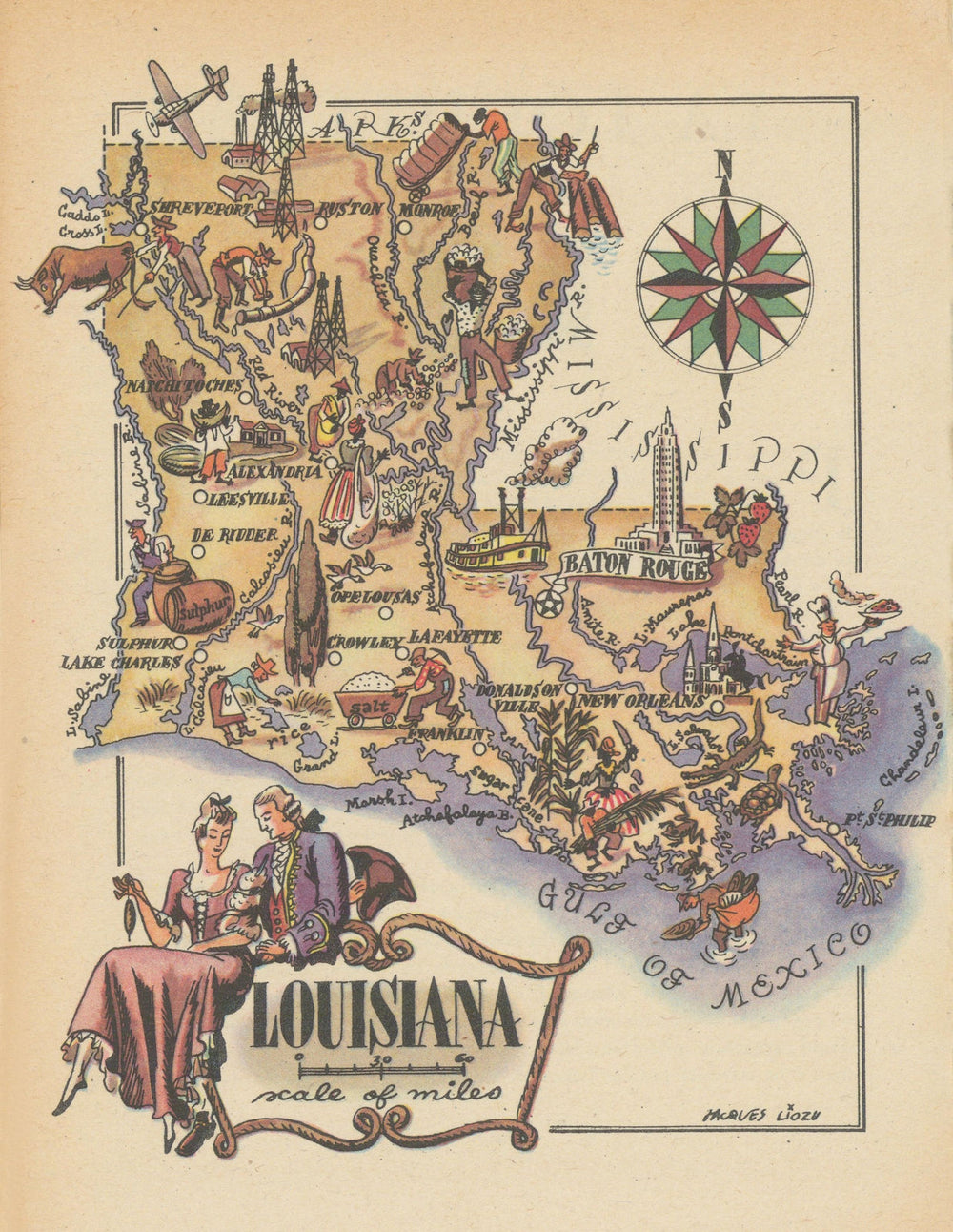 Louisiana small state map by Jacques Liozu 1946 old vintage plan chart