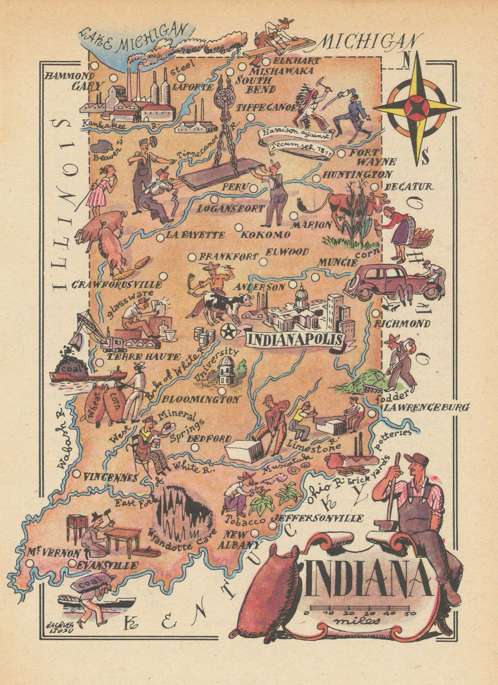 Indiana small state map by Jacques Liozu 1946 old vintage plan chart
