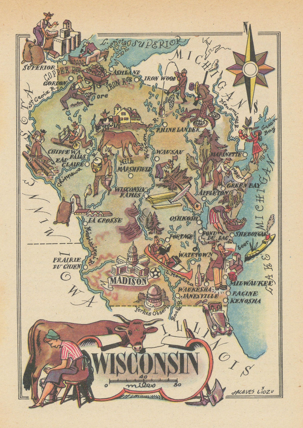 Wisconsin small state map by Jacques Liozu 1946 old vintage plan chart