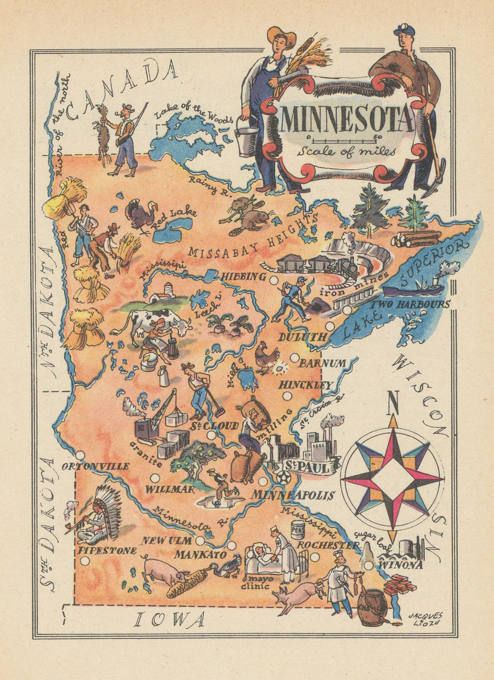 Minnesota small state map by Jacques Liozu 1946 old vintage plan chart