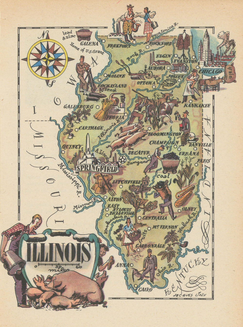 Illinois small state map by Jacques Liozu 1946 old vintage plan chart