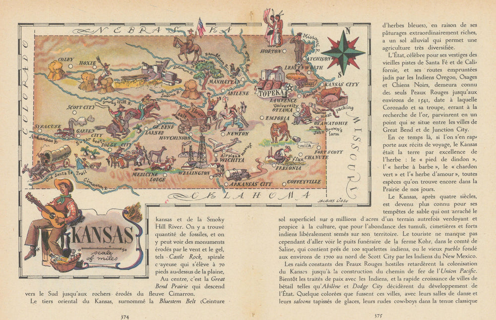 Kansas small state map by Jacques Liozu 1946 old vintage plan chart