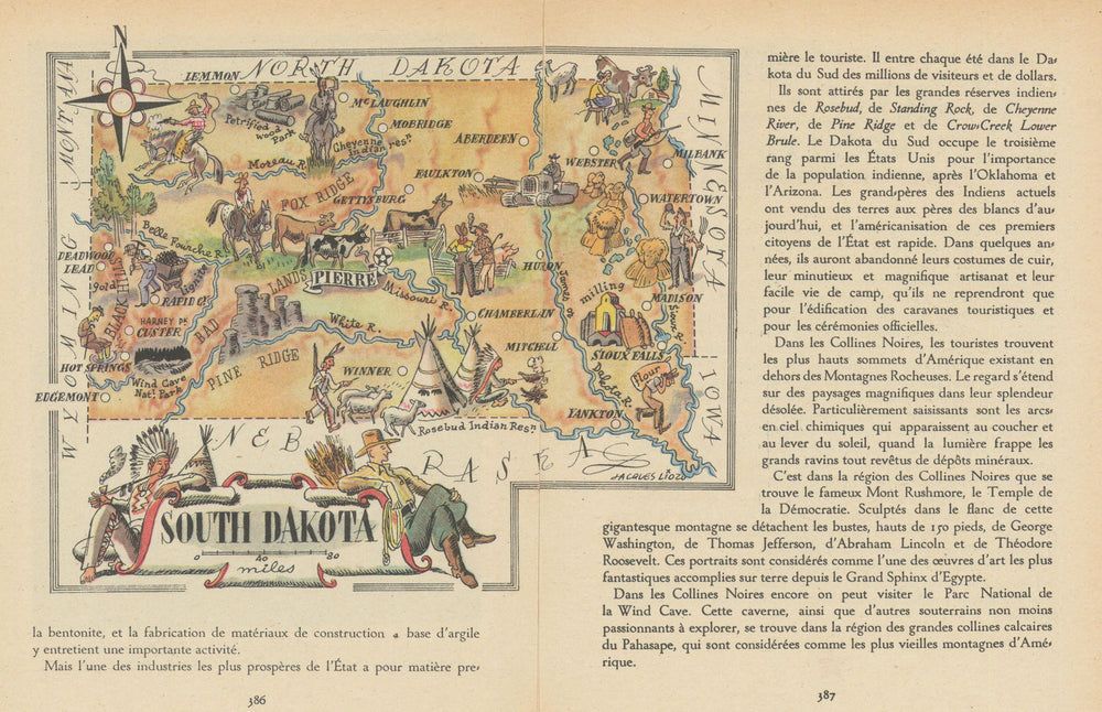 South Dakota small state map by Jacques Liozu 1946 old vintage plan chart