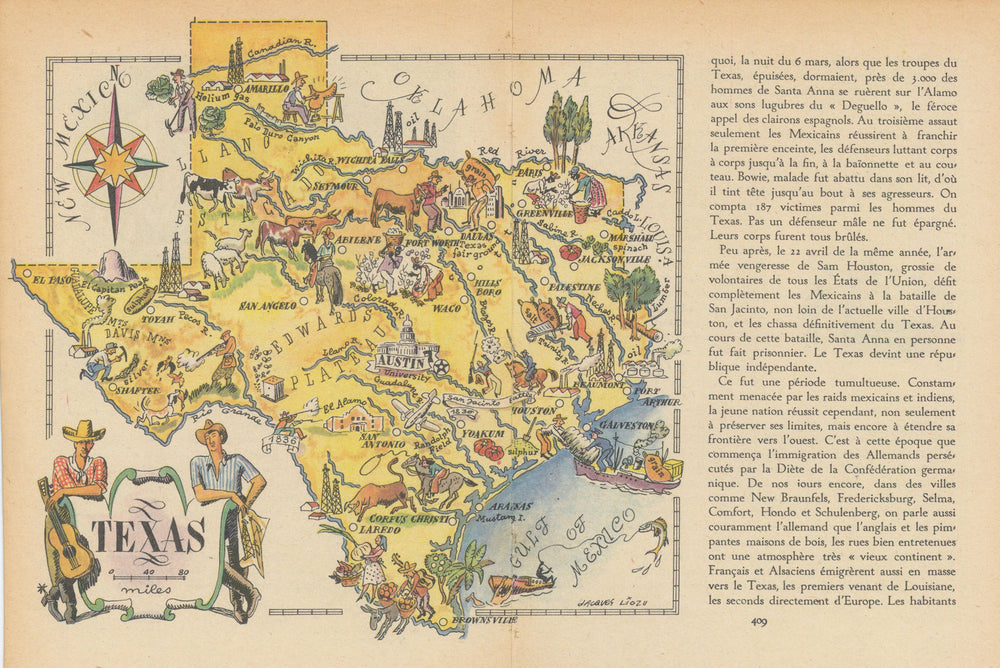 Texas small state map by Jacques Liozu 1946 old vintage plan chart