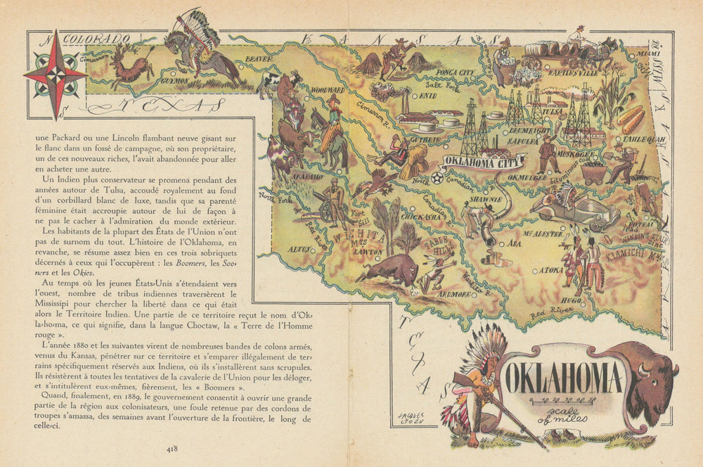 Oklahoma small state map by Jacques Liozu 1946 old vintage plan chart