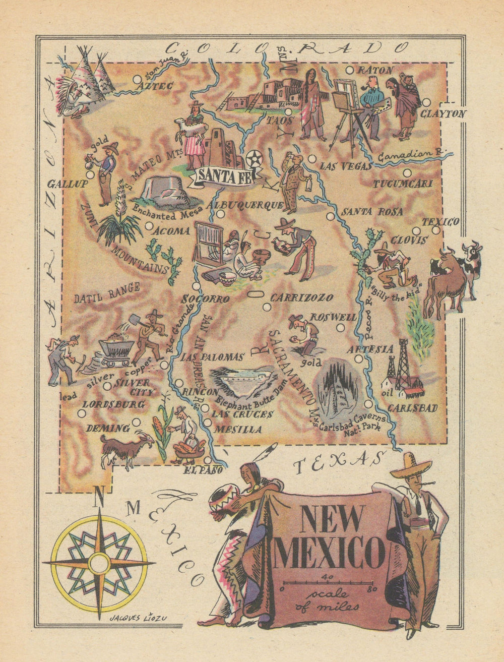 New Mexico small state map by Jacques Liozu 1946 old vintage plan chart