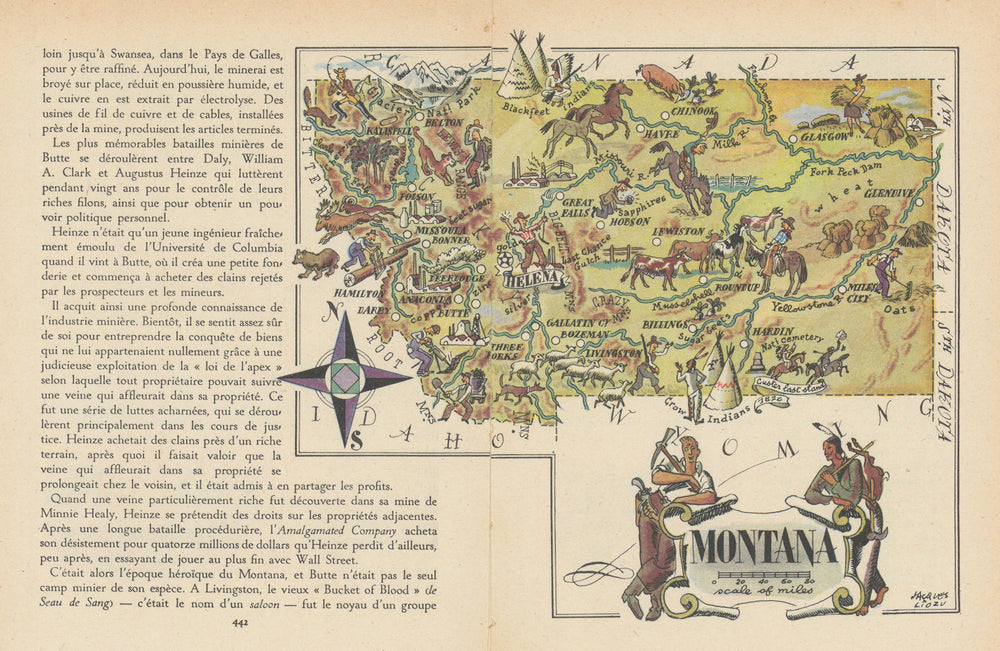 Montana small state map by Jacques Liozu 1946 old vintage plan chart