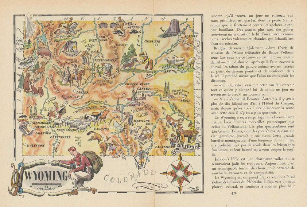 Wyoming small state map by Jacques Liozu 1946 old vintage plan chart