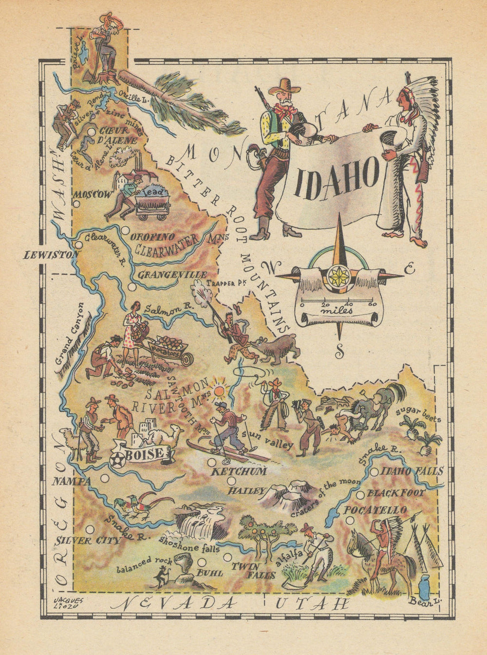 Idaho small state map by Jacques Liozu 1946 old vintage plan chart
