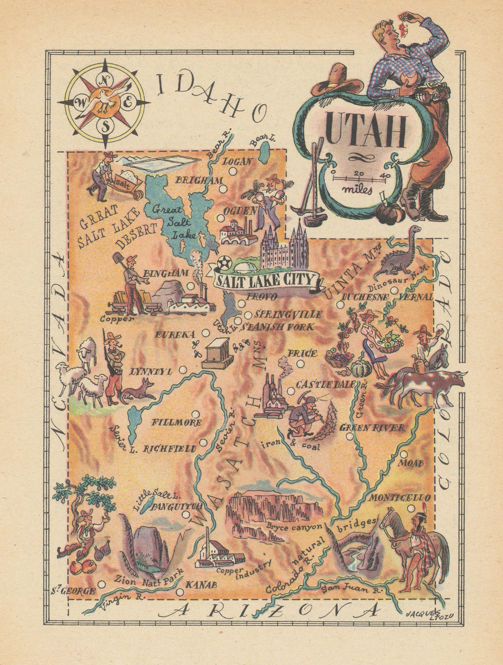 Utah small state map by Jacques Liozu 1946 old vintage plan chart