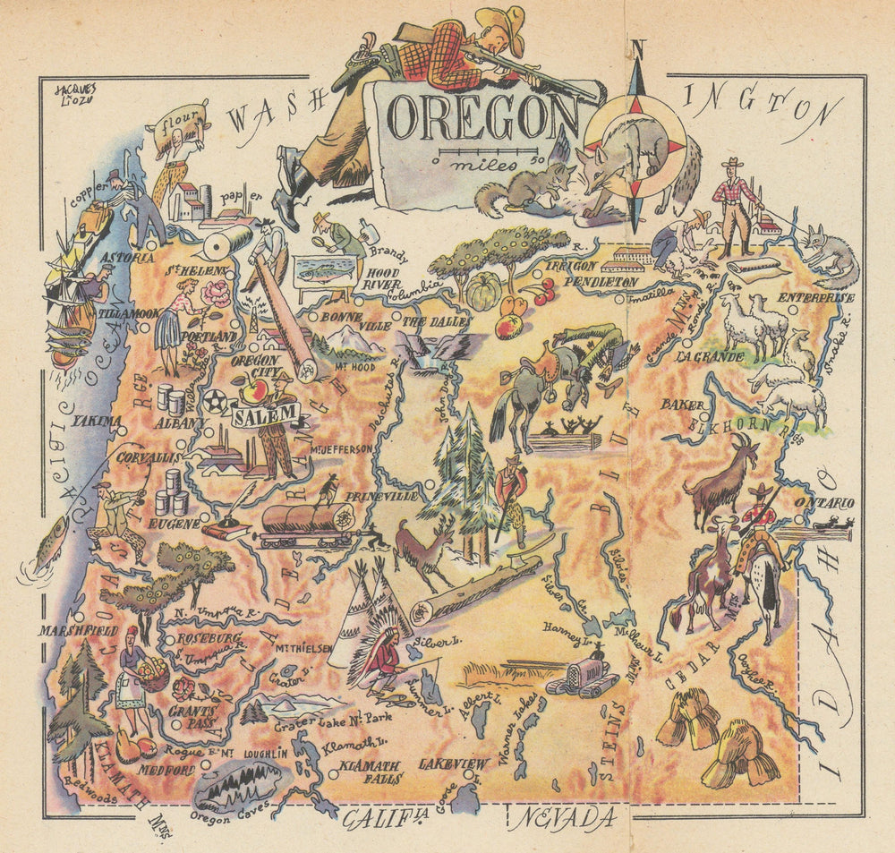 Oregon small state map by Jacques Liozu 1946 old vintage plan chart