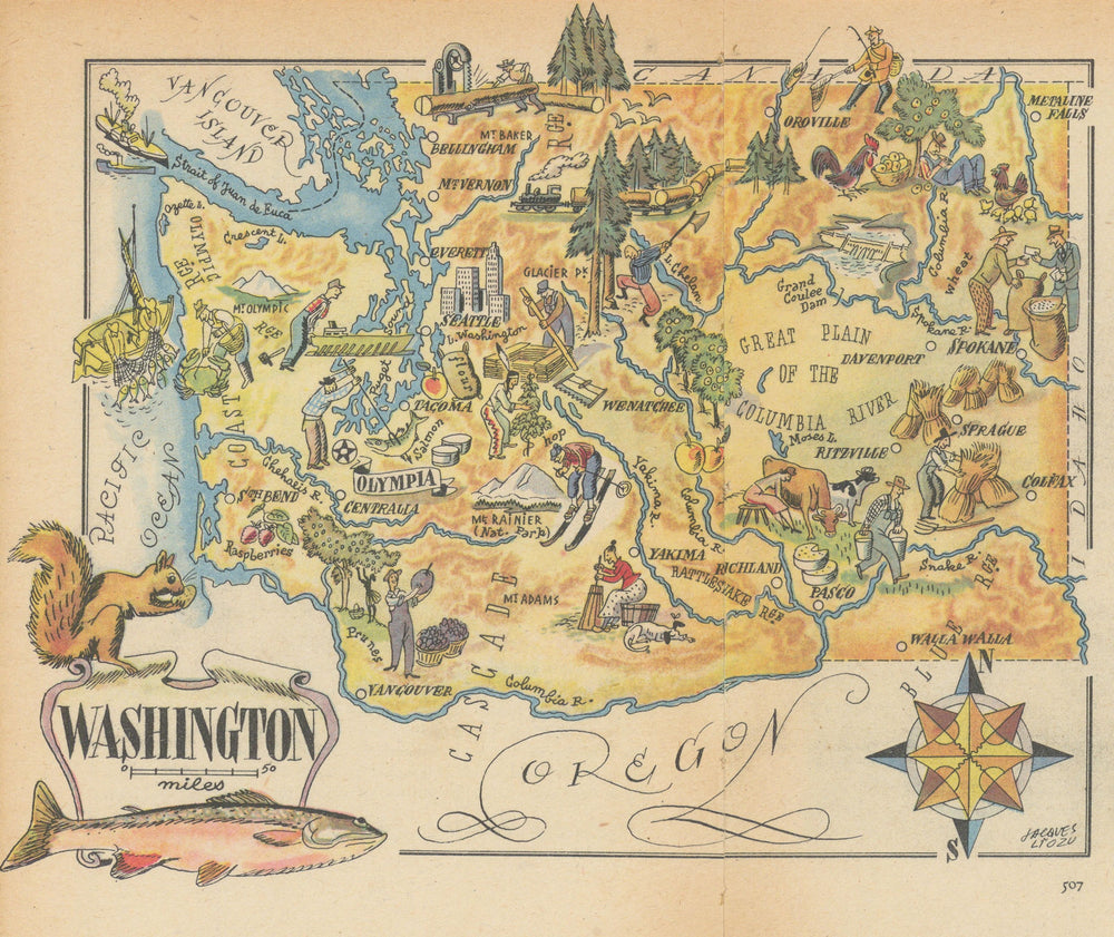 Washington small state map by Jacques Liozu 1946 old vintage plan chart