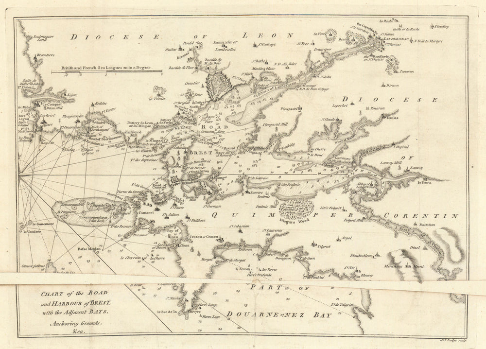 Chart of the Road and Harbour of Brest… by John Lodge 1780 old antique map