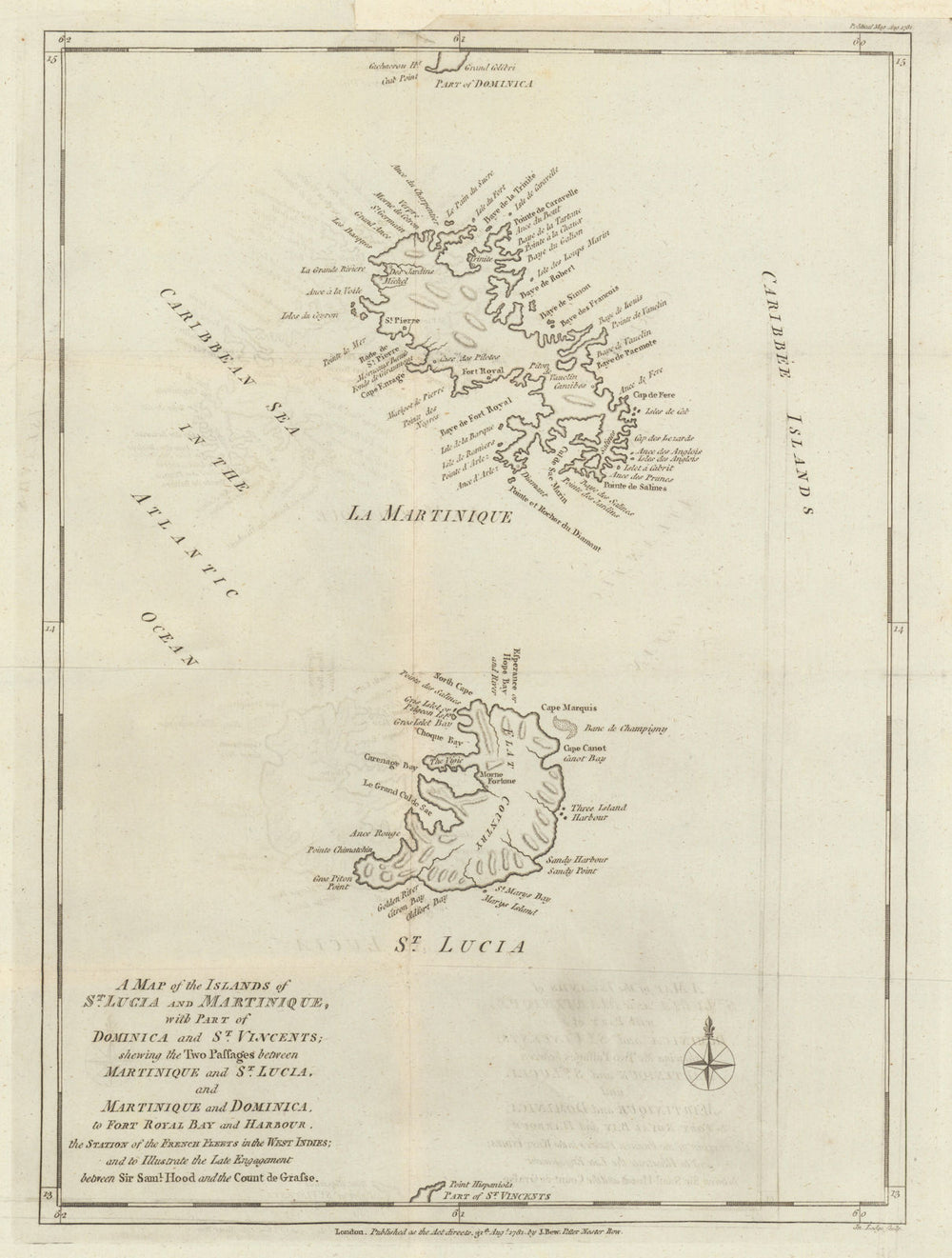 Map of the islands of St Lucia & Martinique… by John Lodge 1781 old